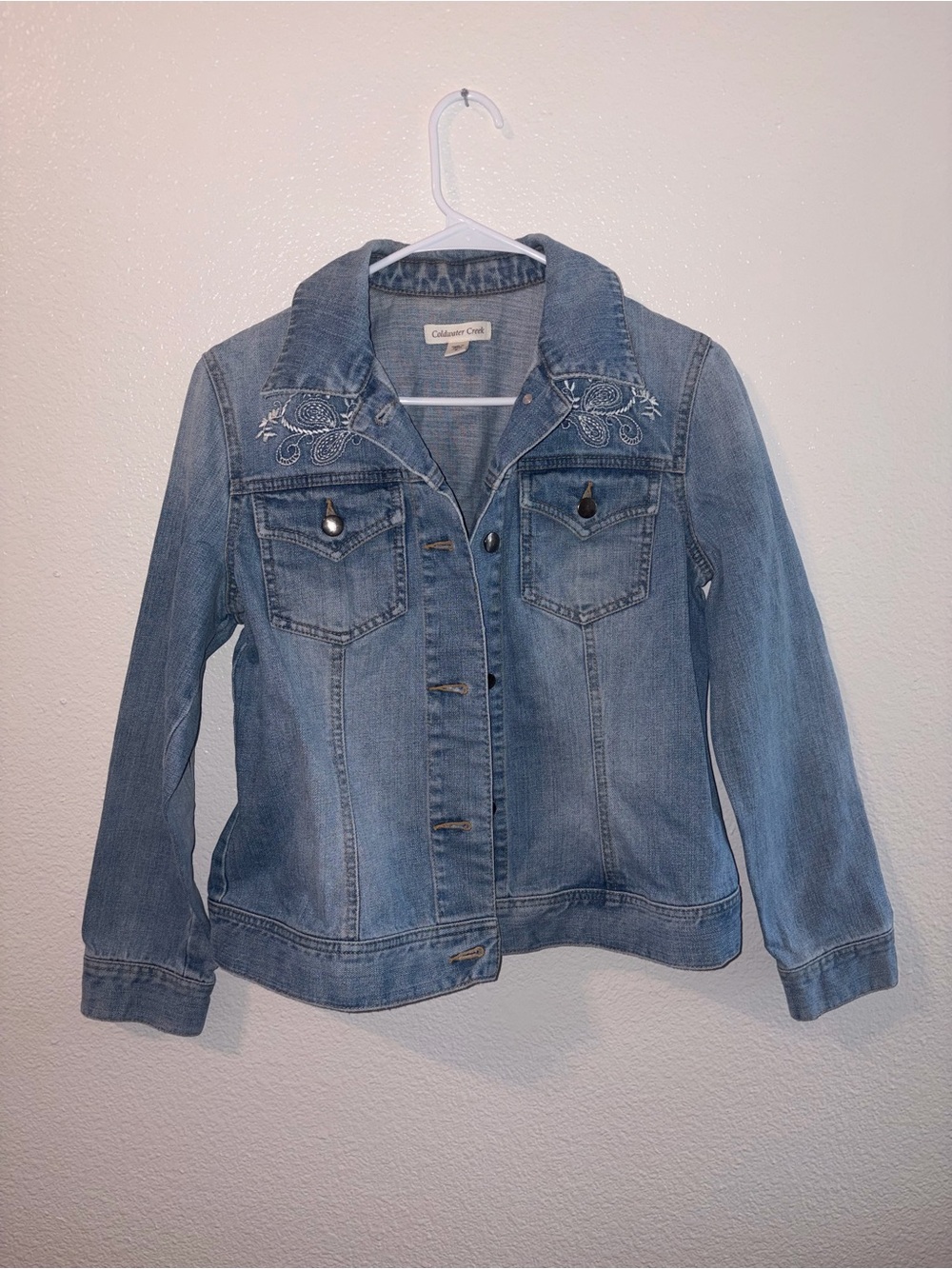 Coldwater Creek Light Blue Denim Jacket with Embroidered Yoke
